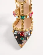 Valentino Rockstud Pumps With Straps In Jacquard Apres L’Hiver Fabric With Crystals 100Mm - Image 3